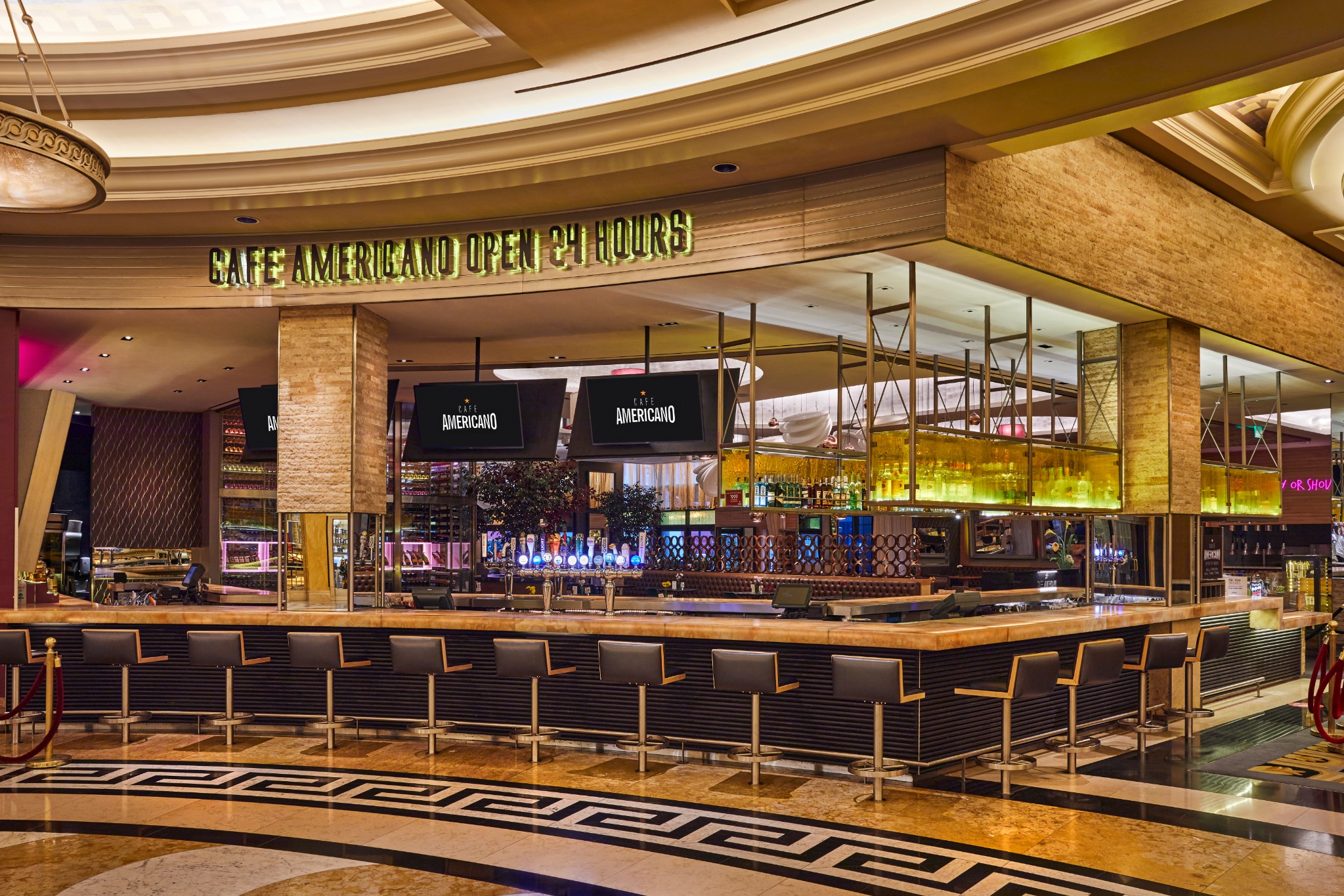 Professional restaurant audio and audiovisual system at Cafe Americano in Caesars Palace, Las Vegas