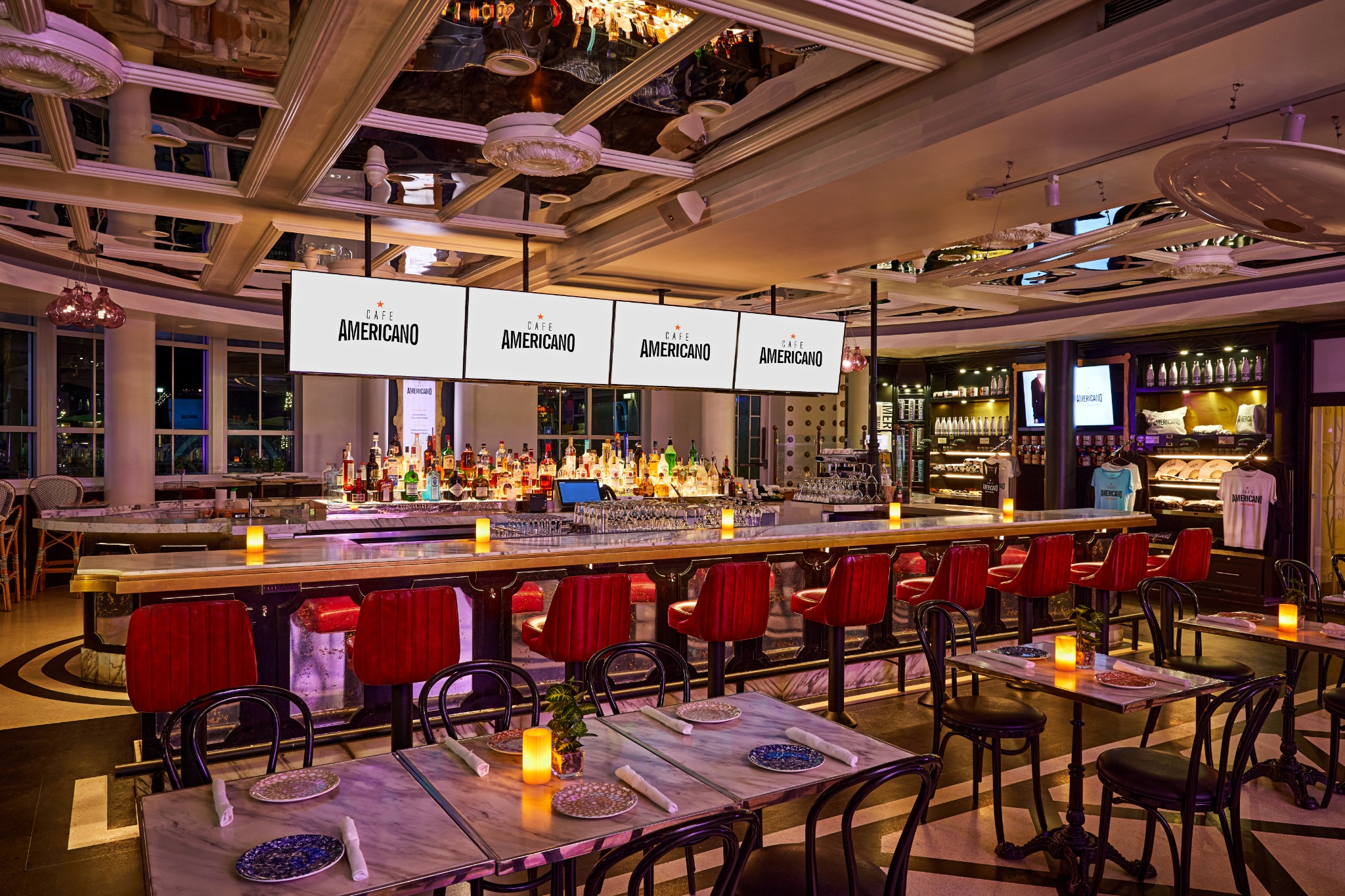 Restaurant sound, video and lighting installation at Cafe Americano on Ocean Drive in Miami Beach